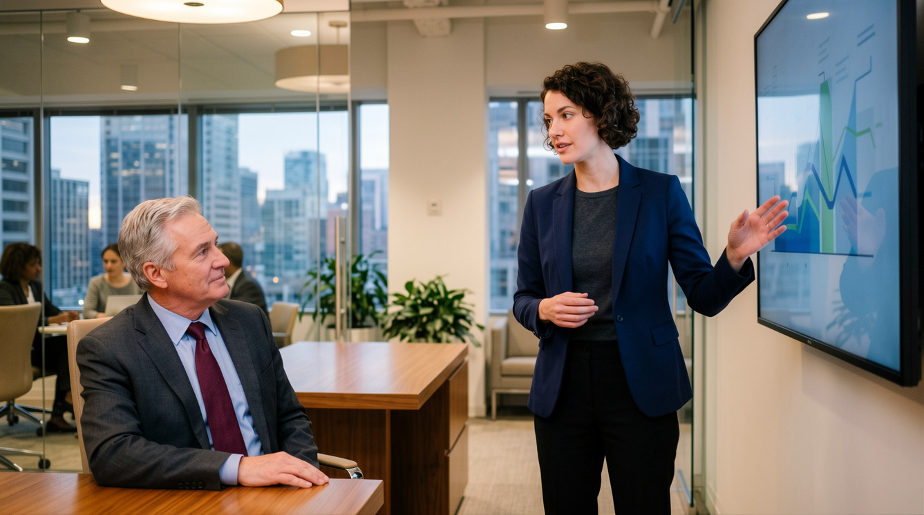 Confident professional presenting an idea to a senior executive in a corporate boardroom