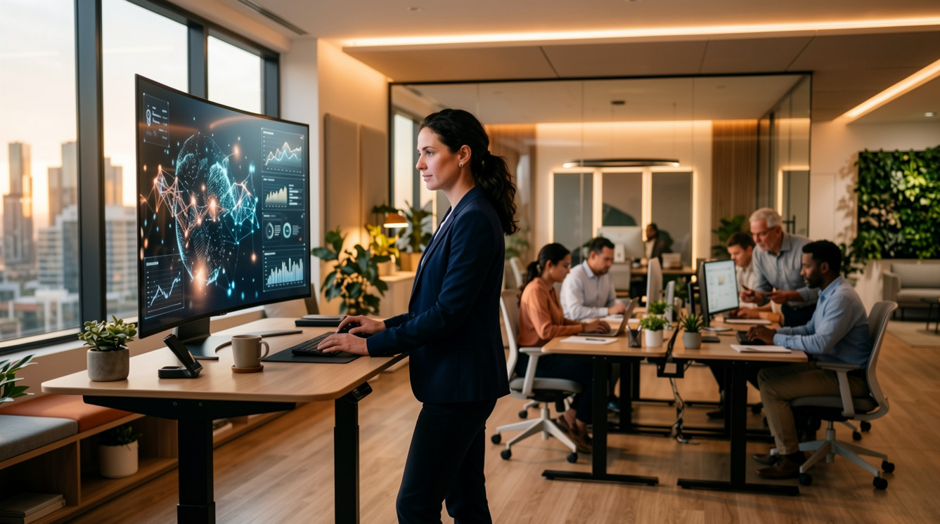 Manager using an AI interface at a standing desk with a team working in the background