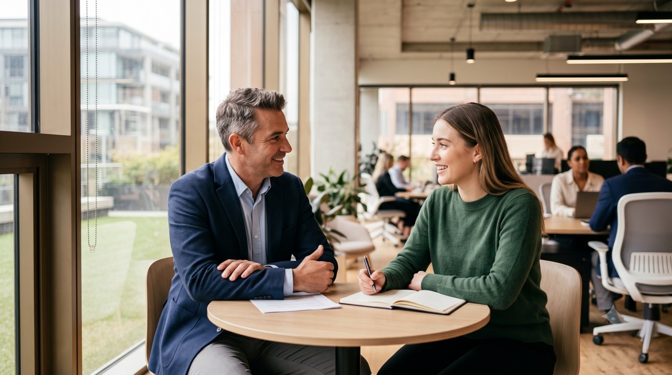 Manager and team member having a relaxed, ongoing one-on-one performance conversation