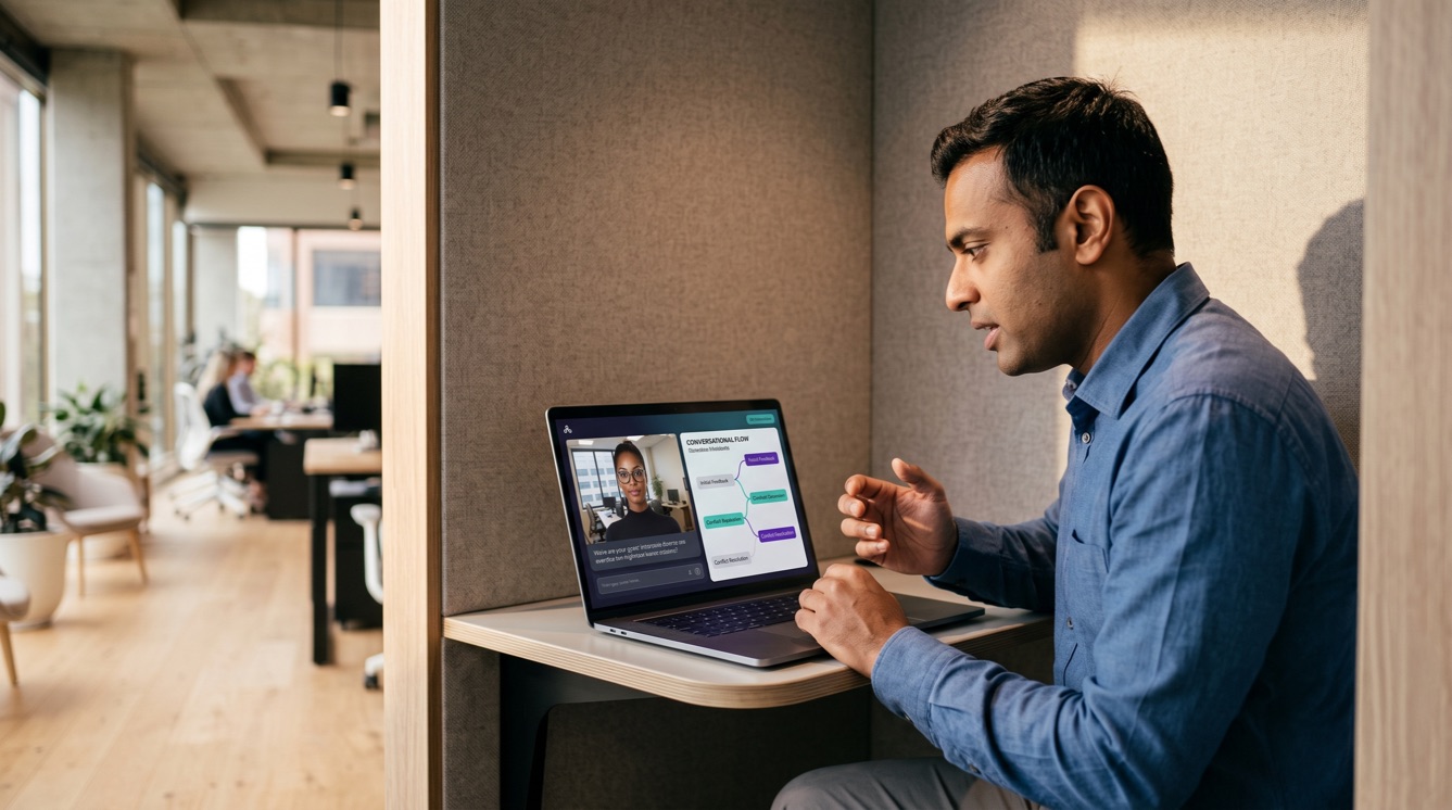 Manager practicing a difficult conversation scenario with AI roleplay before the real meeting