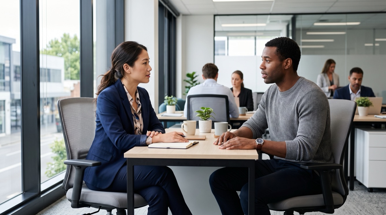 New manager having an honest one-on-one conversation with a former peer, now a direct report